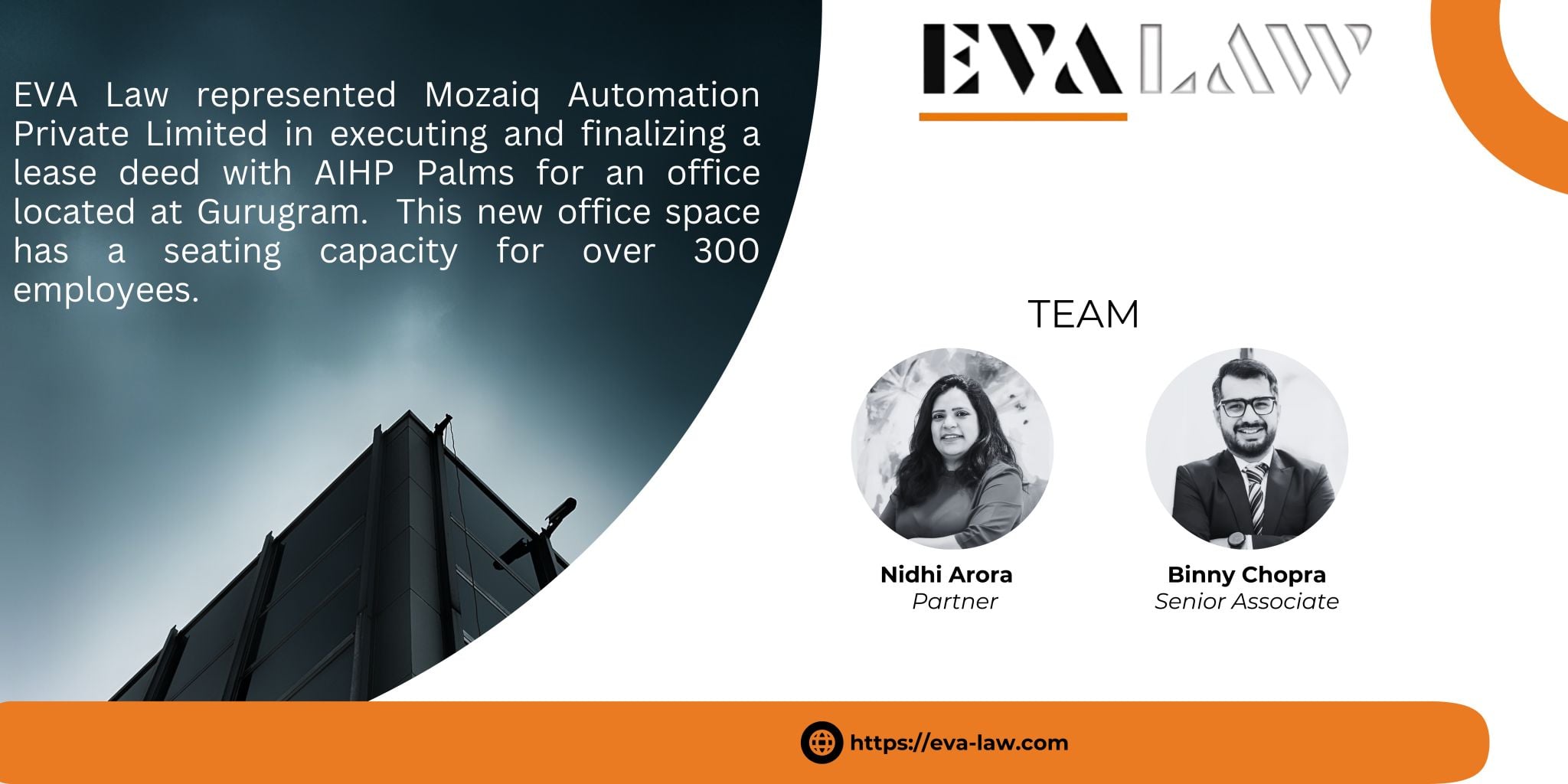 EVA Law represented Mozaiq Automation Private Limited in executing and finalizing a lease deed with AIHP Palms for an office located at Gurugram